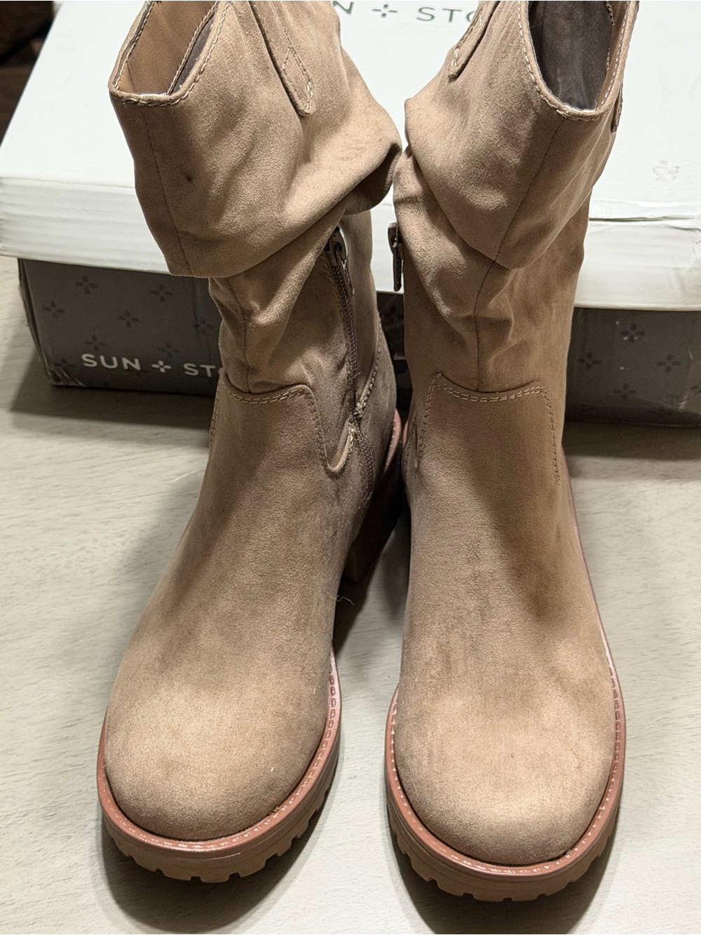 Sun + Stone Taupe Suede A Mid-calf with Lug Sole Size 5.5